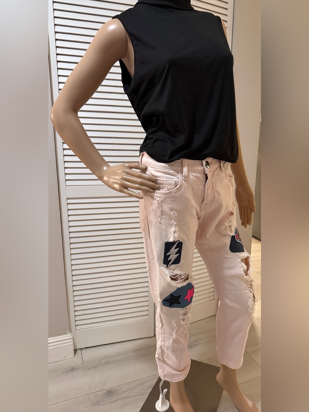 Current/Elliott Pink Destroy Boyfriend Jeans Customized Patch Distressed Denim